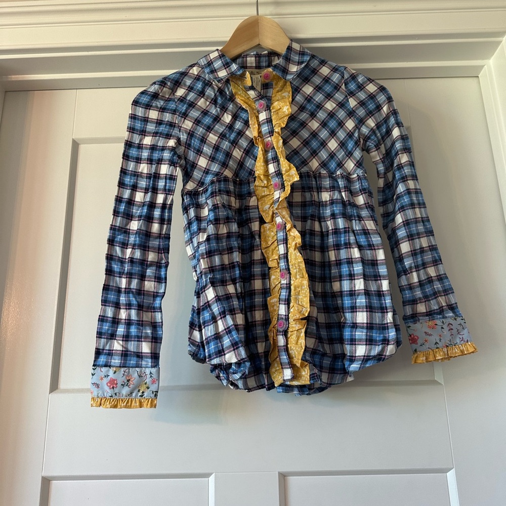 Matilda Jane Blue Plaid Button-Up with Yellow Ruffle Trim